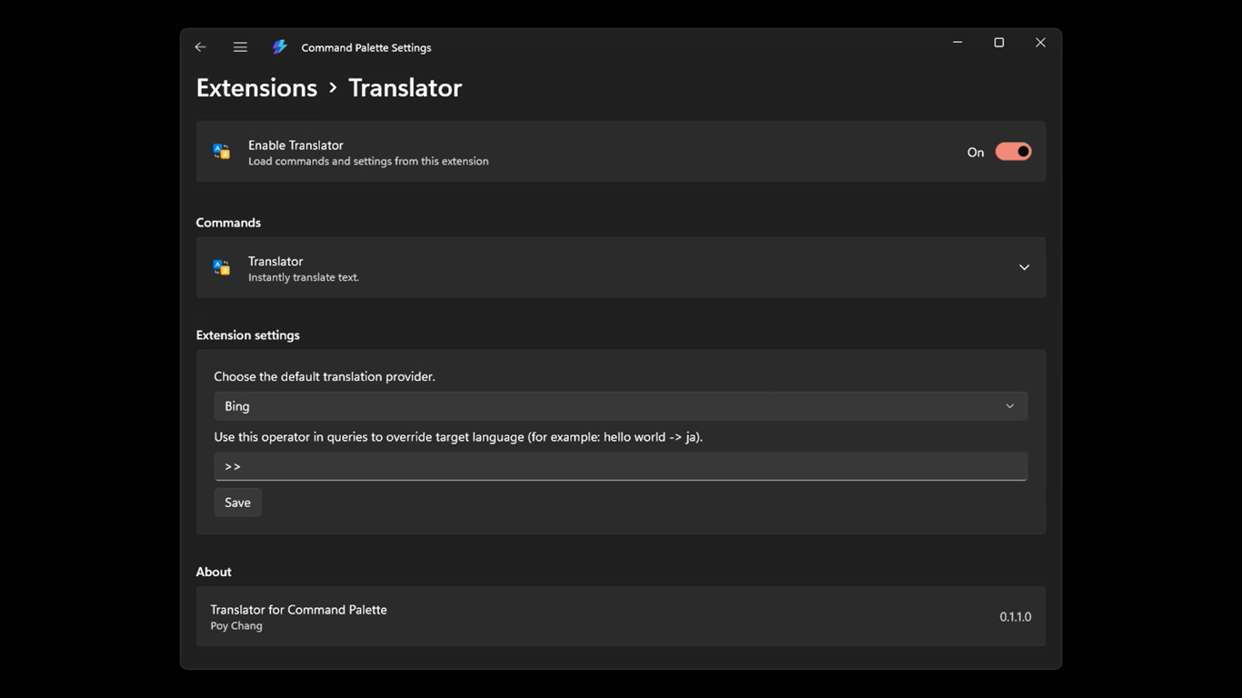 Translator extension settings screen